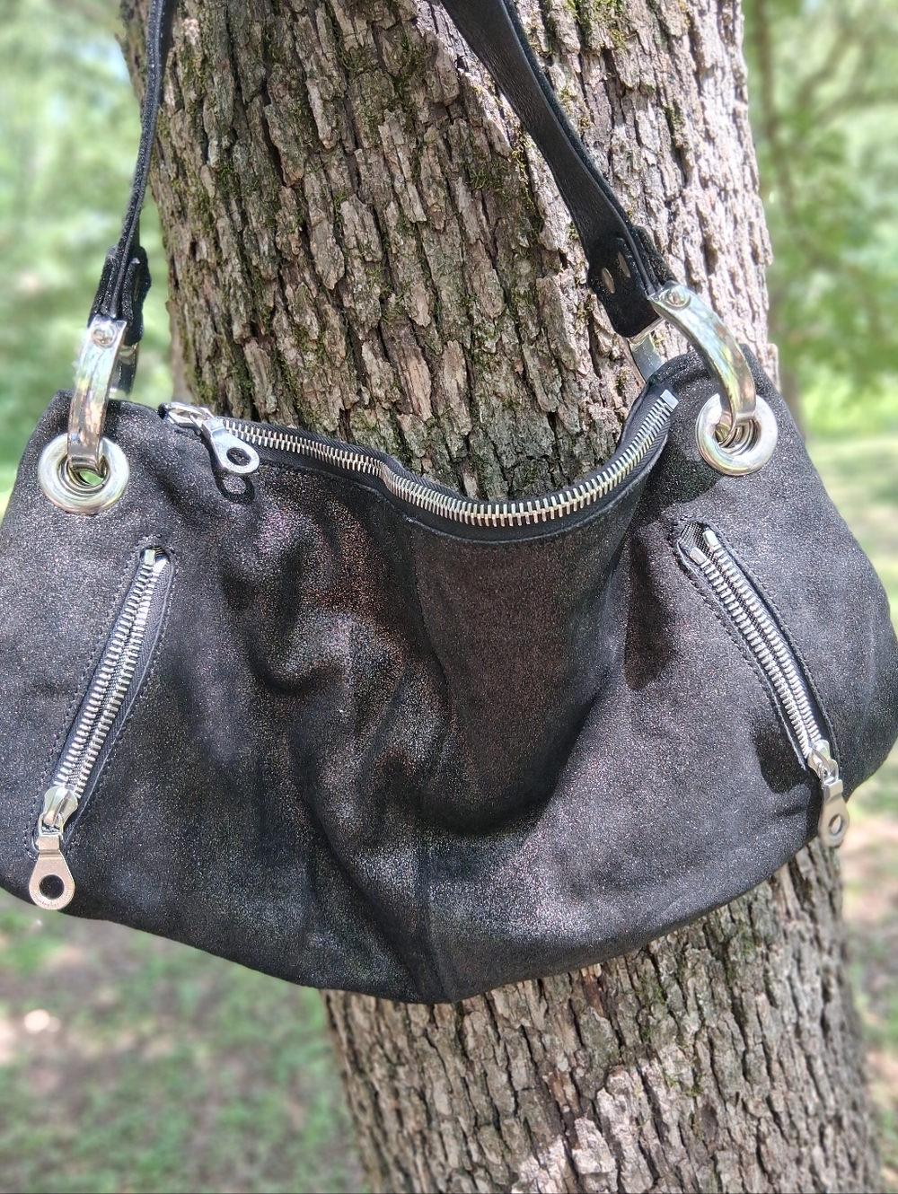 Black Suede Christopher Kon Shoulder Bag with Silver Accents